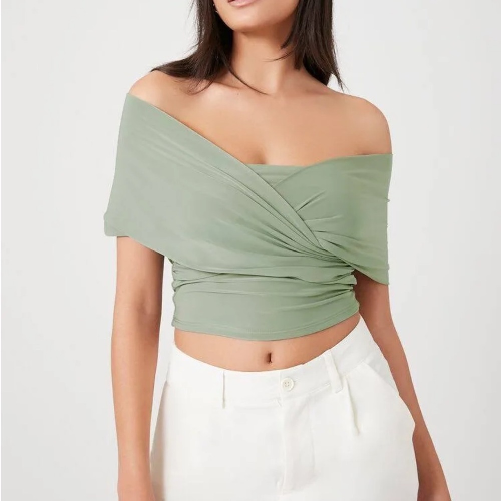 Green Shoulder Wrap Blouse Top